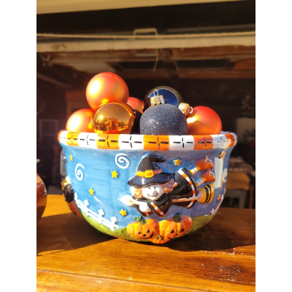 Vintage Halloween Candy Bowl Ceramic Blue Witch Ghost Pumpkin w/plastic ornament